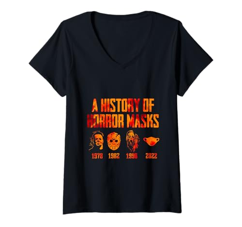 Damen Eine Geschichte der Horror-Masken, Halloween-Kostüm, gruselige Gesichtsmaske T-Shirt mit V-Ausschnitt Damen Eine Geschichte der Horror-Masken, Halloween-Kostüm, gruselige Gesichtsmaske T-Shirt mit V-Ausschnitt von A History of Horror Masks Spooky Halloween Tee