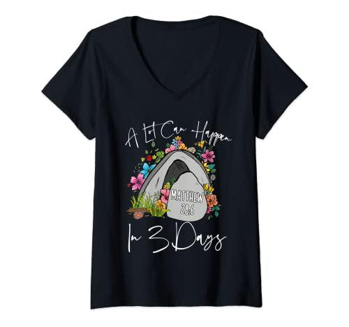 Damen A Lot Can Happen in 3 Days Floral Retro Vintage Ostertag T-Shirt mit V-Ausschnitt von A Lot Can Happen in 3 Days Christian Gifts Designs