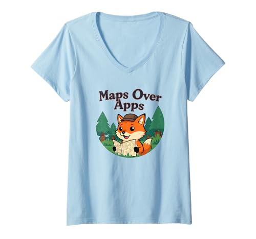 Damen Maps Over Apps Lustiger Fuchs mit Karte Outdoor Explorer T-Shirt mit V-Ausschnitt von A Map Over App Funny Fox Collection