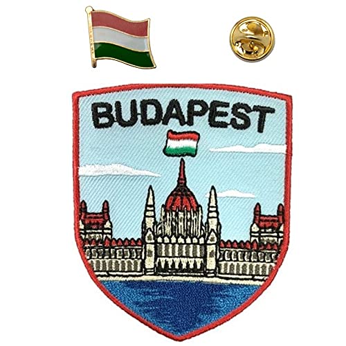 A-ONE 2 Stück Packung Parliament des Budapests Schild Stickerei + Ungarnische Länderflagge Anstecknadel Europa Sehenswürdigkeiten Patch Europäische Flagge Pin Nr. 230P von A-ONE