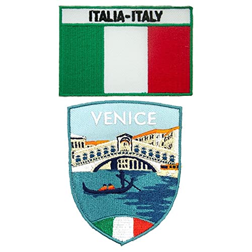 A-ONE 2 Stück Venedig City Souvenir Patch + Italien Länderflagge Patch, Stadt der Romance, künstliche Stadt, Stadt der Wassermaskenbrücke Nr. 270C von A-ONE