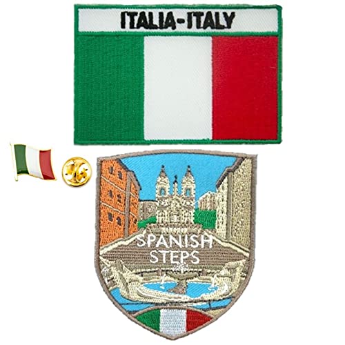 A-ONE 3 Stück – Spanische Stufenschild + Italien-Flagge Reversnadel + Abzeichen, Rom Wahrzeichen, Reise-Souvenir-Aufnäher, Aufbügler, Stickerei, Nr. 274B von A-ONE