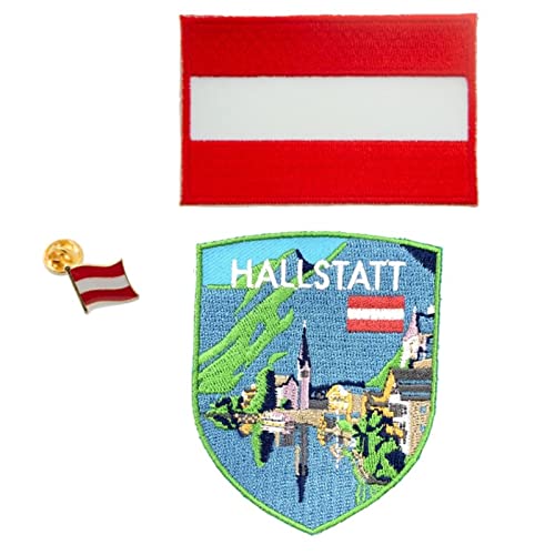 A-ONE Hallstatt Seeszenen-Abzeichen + Österreich-Flagge + Brosche, Aufnäher, Österreich Touristen-Stickerei, dekoratives Souvenir, Anstecknadel, 3 Stück von A-ONE