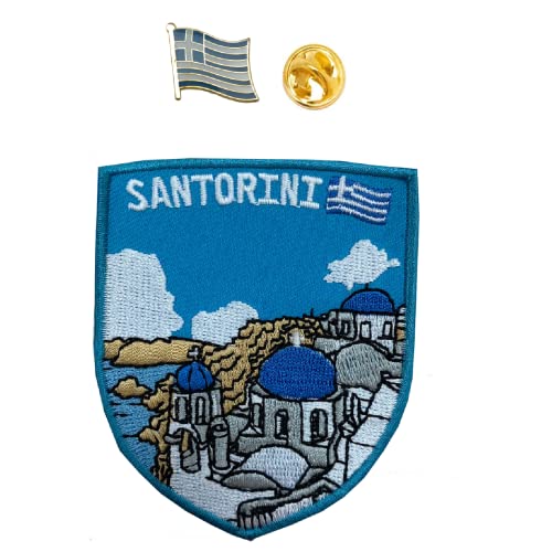 A-ONE Santorini Hot Leathers Patches Griechenland Sehenswürdigkeiten Nadel Stickerei Patch Griechenland Flagge Pin Pins Pins für Kleidung Jeans Tasche Nr. 180P von A-ONE