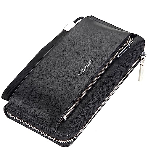 A-QMZL Herren Geldbörse Lang Schwarz Leder PU-Leder Polyester Reißverschluss Retro-Modern Multifunktional Groß Kapazität Anti-Verlust-Armband von A-QMZL