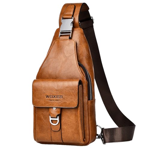 A-QMZL Tasche Herren Schultergurt Rucksack Einschulter Herren Leder Umhängetasche Herren Klein Wasserdicht Schulter Sling Bag Kleine Crossbody Bag, Hellbraun2, Retro von A-QMZL