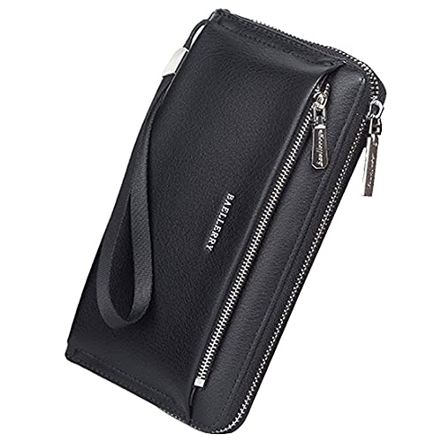 Herren Lange Geldbörsen Handgelenktasche Großes Fassungsvermögen Herren Clutch Tasche Leder Geldbörse Herren Brieftasche Handytasche Geldbörse Kartenhalter Herrenhandtasche mit Handschlaufe (schwarz) von A-QMZL