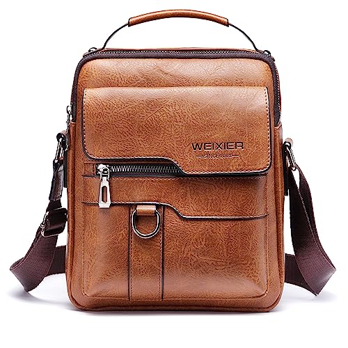 Umhängetasche Herren Schultertasche Herrentasche Klein Vintage PU Leder Crossbody Herren Tasche Umhängen Handtasche Männer für Arbeit, Schule, Alltag (Hellbraun) von A-QMZL