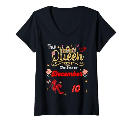 Damen Eine Königin wurde am 10. Dezember 10. Geburtstag geboren T-Shirt mit V-Ausschnitt von A Queen Was Born on December 10 December Birthday