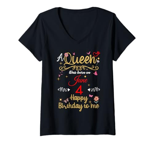 Damen Eine Königin wurde am 4. Juni 4. Geburtstag geboren T-Shirt mit V-Ausschnitt Damen Eine Königin wurde am 4. Juni 4. Geburtstag geboren T-Shirt mit V-Ausschnitt von A Queen Was Born on June 4 June Birthday