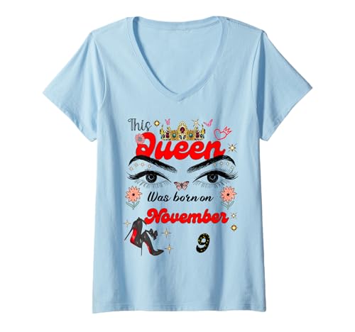 Damen Eine Königin wurde am 9. November 9. Geburtstag geboren T-Shirt mit V-Ausschnitt Damen Eine Königin wurde am 9. November 9. Geburtstag geboren T-Shirt mit V-Ausschnitt von A Queen Was Born on November 9 November Birthday