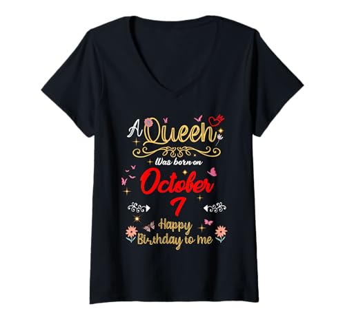 Damen Eine Königin wurde am 7. Oktober 7. Geburtstag geboren T-Shirt mit V-Ausschnitt von A Queen Was Born on October 7 October Birthday