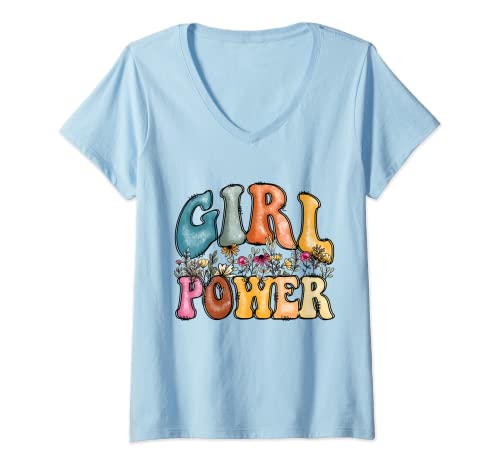 Damen Girl Power Flowers Retro Feel Feminist Slogan Top für Damen T-Shirt mit V-Ausschnitt von A Ray of Sunshine