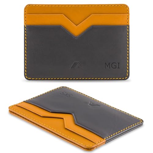 A-SLIM Yaiba Personalisierte Ledergeldbörse Kartenetui mit individueller Initialenprägung | Personalisierte Geldbörse für Männer | Premium Vollnarbenleder Geldbörse, grau/gelb, 10.5*7.5 cm, von A-SLIM