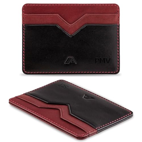 A-SLIM Yaiba Personalisierte Ledergeldbörse Kartenetui mit individueller Initialenprägung | Personalisierte Geldbörse für Männer | Premium Vollnarbenleder Geldbörse, schwarz/red, 10.5*7.5 cm, von A-SLIM