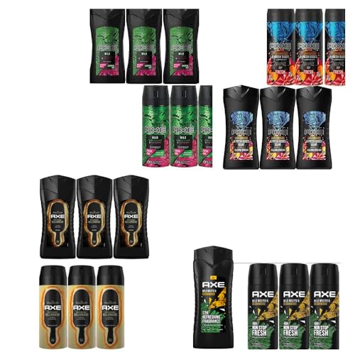 23tlg. STUDIO.MUNET Set: Axe Männer Deo Body Spray + Duschgel | 4 Sorten | Wild Green Wood & Cedarwood | Gold Caramel Billionaire Magnum | Wild Fresh | Skateboard + Dustbag von A X E