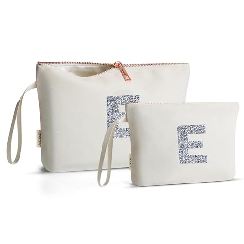 A-Z BAG Kulturbeutel aus Segeltuch, 2-teilig, personalisierbar, cremefarben, Make-up-Taschen mit Strass-Initiale, ideales Geschenk für Frauen, Beige, E von A-Z BAG