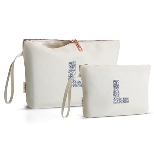 A-Z BAG Kulturbeutel aus Segeltuch, 2-teilig, personalisierbar, cremefarben, Make-up-Taschen mit Strass-Initiale, ideales Geschenk für Frauen, Beige, Größe L: von A-Z BAG