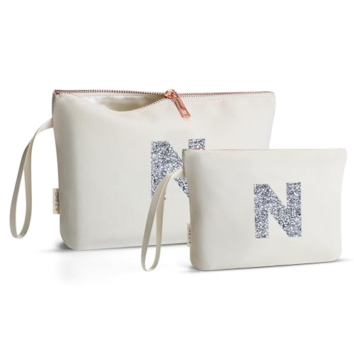 A-Z BAG Kulturbeutel aus Segeltuch, 2-teilig, personalisierbar, cremefarben, Make-up-Taschen mit Strass-Initiale, ideales Geschenk für Frauen, Beige, N von A-Z BAG