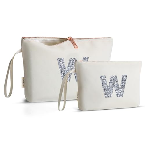 A-Z BAG Kulturbeutel aus Segeltuch, 2-teilig, personalisierbar, cremefarben, Make-up-Taschen mit Strass-Initiale, ideales Geschenk für Frauen, Beige, W von A-Z BAG