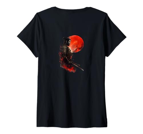 Damen Samurai Warrior Red Moon Japanische Tinte Art Style T-Shirt mit V-Ausschnitt Damen Samurai Warrior Red Moon Japanische Tinte Art Style T-Shirt mit V-Ausschnitt von A bold and striking design featuring