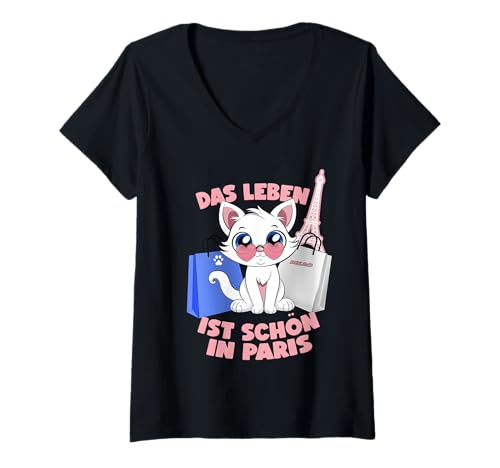 Damen Das Leben ist schön in Paris - Cute Kitty Edition T-Shirt mit V-Ausschnitt von A cat enjoying shopping in Paris