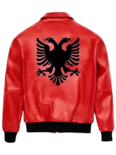 A&M Express Drake Herren-Jacke aus Kunstleder, mit 2 Köpfen, Adlerjacke mit albanischer Flagge, YKK-Reißverschluss und mehreren Taschen, Rot, rot, XL von A&M Express