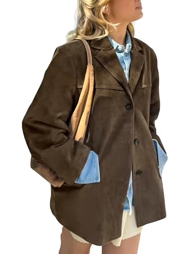 A&M Express Dunkelbraune Wildleder-Blazerjacke – lockerer eleganter Mantel mit Taschen für Damen, dunkelbraun, M von A&M Express