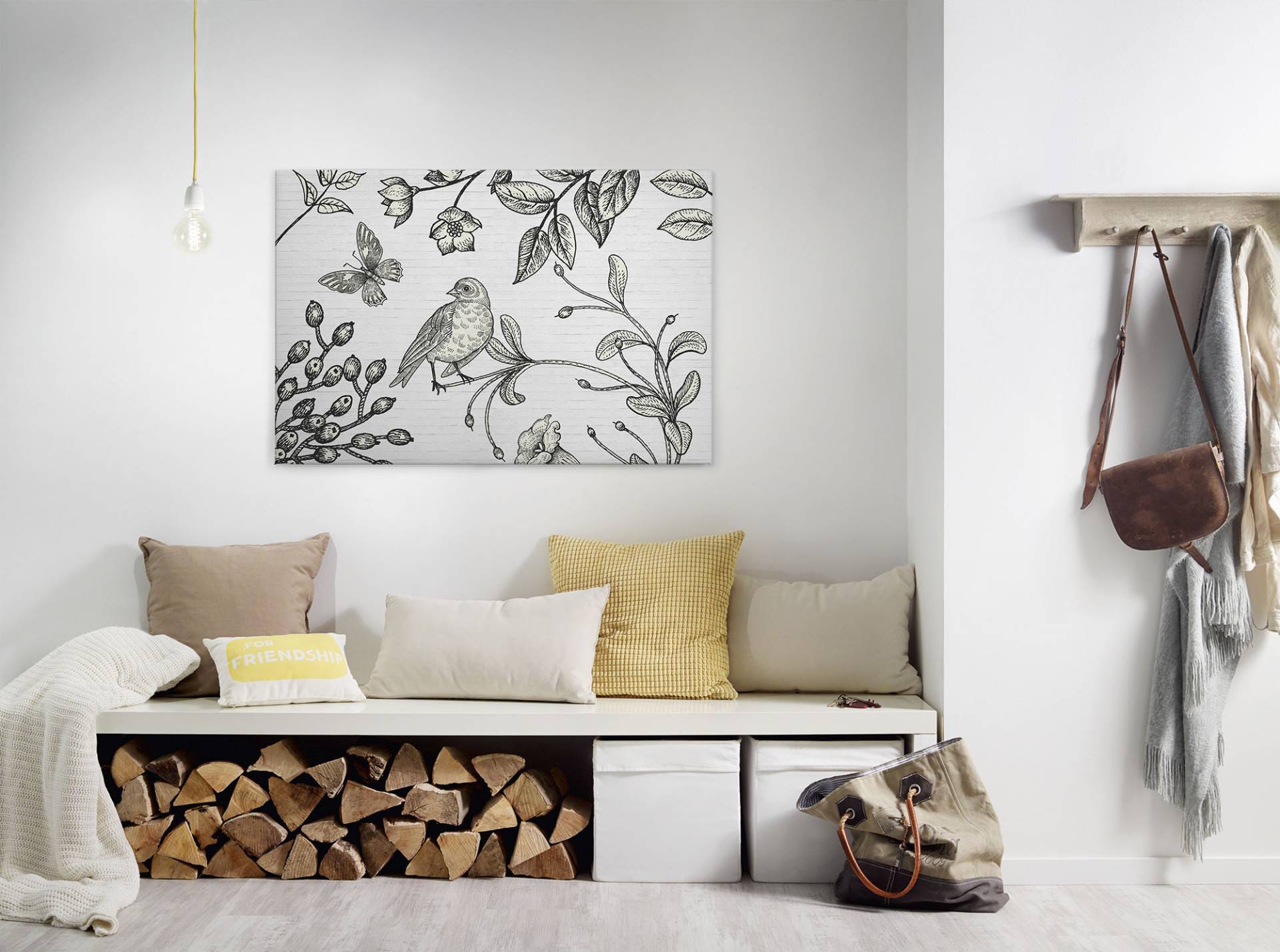 A.S. Création Leinwandbild "birdy" Gemälde  Kunst 1 Stk. tlg. Schwarz-Weiß Zeichnung Floral Keilrahmen Leinwand-Bild Wohnzimmer Wand von A.S. Création