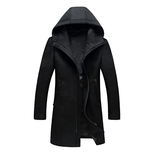 A1-Brave Herren Wollmantel, Lange Kapuze Trenchcoat Männer Winter Herren Hoodie Jacke Warme Reißverschluss Slim Windjacke Mantel Grau Mäntel Winter (Color : Schwarz, Size : 3XL) von A1-Brave