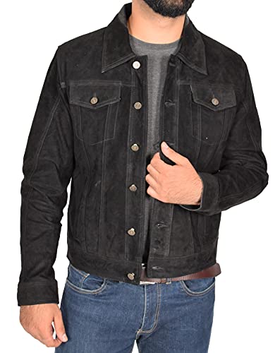 A1 FASHION GOOD Herren Weiches Wildleder Trucker Jacke Ausgestattet Biker Denim Stil Schwarz Burgund Olive Hellbraun Ranger (XL, Schwarz) von A1 FASHION GOOD