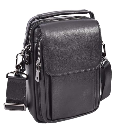 A1 FASHION GOODS AD60 Herren-Umhängetasche, genarbtes Leder, klein, mehrere Taschen, lässige Umhängetasche, Organizer, Schwarz , Small von A1 FASHION GOODS