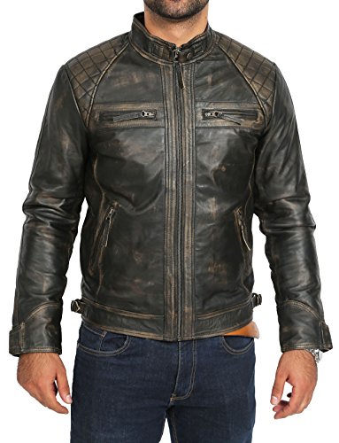 A1 FASHION GOODS Biker Stil Echtes Lederjacke Für Männer Jahrgang Stil Gewaschen Zwei Ton Effekt Lammfell Mantel-Django (XL - EU 52) von A1 FASHION GOODS