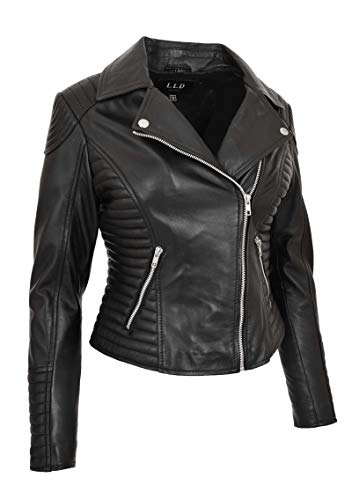 A1 FASHION GOODS Damen Designer Leder Biker-Jacke Weiches Schwarz Ausgestattet Gesteppt Reißverschluss Mantel Bonita (L - EU 40) von A1 FASHION GOODS