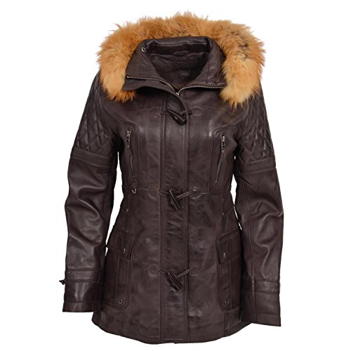 A1 FASHION GOODS Damen Duffle Jacke Braun weiches Leder Schlank Passen Abnehmbare Kapuze Parka-Mantel - Amelia (XL- EU 42) von A1 FASHION GOODS