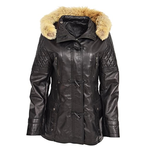 A1 FASHION GOODS Damen Duffle Jacke Schwarz weiches Leder Schlank Passen Abnehmbare Kapuze Parka-Mantel - Amelia (XS - EU 34) von A1 FASHION GOODS