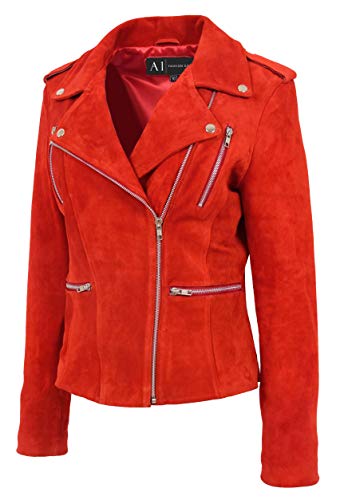 A1 FASHION GOODS Damen Echt ROT Wildleder Biker Jacke Mädchen Trendy Tailliert Designer Rusty (XXXL - EU 46) von A1 FASHION GOODS