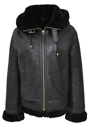 A1 FASHION GOODS Damen Echt Schwarz Schaffell Fliegende Jacke Mit Kapuze Shearling B3 Pilot Fliegermantel Maria (S - EU 36) von A1 FASHION GOODS