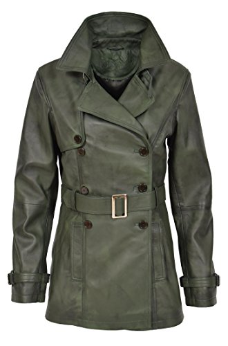 A1 FASHION GOODS Damen Echte Lederjacke Taille Gürtel Zweireiher Trenchcoat Grün - Olivia (XXXL - EU 46) von A1 FASHION GOODS