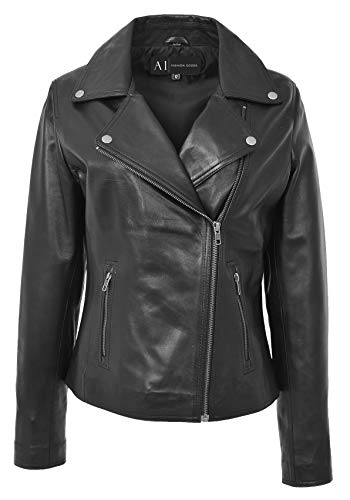 A1 FASHION GOODS Damen Echtes Leder Biker Jacke Schwarz Designer Tailliert Reißverschluss Befestigen Mantel Myla (L - EU 40) von A1 FASHION GOODS