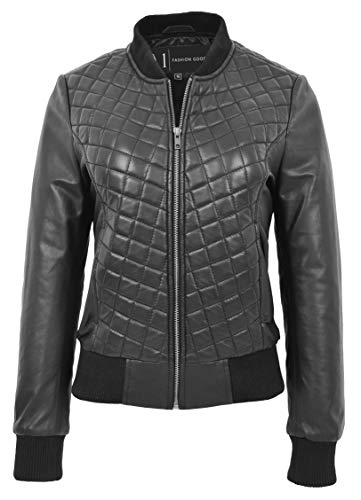 A1 FASHION GOODS Damen Echtes Leder Bomber Jacke Schwarz Diamant Gesteppt Ausgestattet Varsity Storm (M - EU 38) von A1 FASHION GOODS