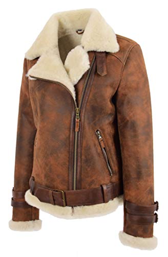 A1 FASHION GOODS Damen Echtes Schaffell Fliegende Jacke Antiquität Braun Shearling Fliegermantel Willow (XXL - EU 44) von A1 FASHION GOODS