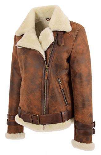 A1 FASHION GOODS Damen Echtes Schaffell Fliegende Jacke Antiquität Braun Shearling Fliegermantel Willow (XXXL - EU 46) von A1 FASHION GOODS