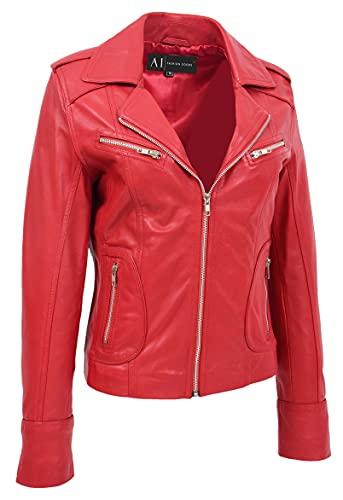 A1 FASHION GOODS Damen Echtes Weich Leder Biker Jacke Taillierter Schnitt Reißverschluss Schwarz Rot Hellbraun Molly (44, Rot) von A1 FASHION GOODS