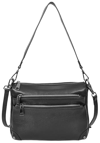 A1 FASHION GOODS Damen Leder Umhängetasche Crossbody Handtasche mit mehreren Reißverschlusstaschen Verstellbarer Riemen A188, Schwarz , Medium von A1 FASHION GOODS