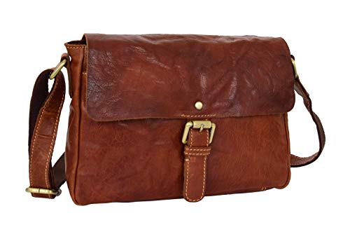 A1 FASHION GOODS Damen Original Cognac Leder Kreuz Körper Tasche Klassisch Gewaschen Ausblenden Schulterhandtasche Dottie von A1 FASHION GOODS