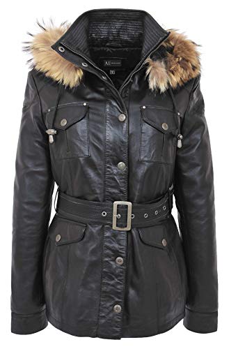 A1 FASHION GOODS Damen Schwarz Leder Duffle Mantel Belted Hüftlänge Abnehmbare Haube Parka Jacke Sarah (XL - EU 42) von A1 FASHION GOODS