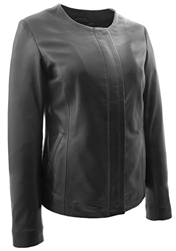 A1 FASHION GOODS Damen Schwarz Leder Jacke Kragenlos Halsausschnitt Weich Ausgestattet Reißverschluss Elena (44-2XL) von A1 FASHION GOODS