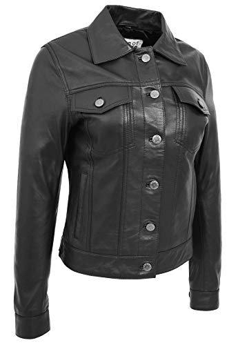 A1 FASHION GOODS Damen Trucker Lederjacke Schwarz Tailliert amerikanisch Mädchen Denim Biker Stil Mantel Marisa (S - EU 36) von A1 FASHION GOODS