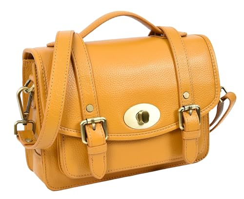 A1 FASHION GOODS Damen-Umhängetasche aus Leder, mit Tragegriff oben, mit goldfarbenen Beschlägen, Senf, Medium, Nutzfahrzeug von A1 FASHION GOODS